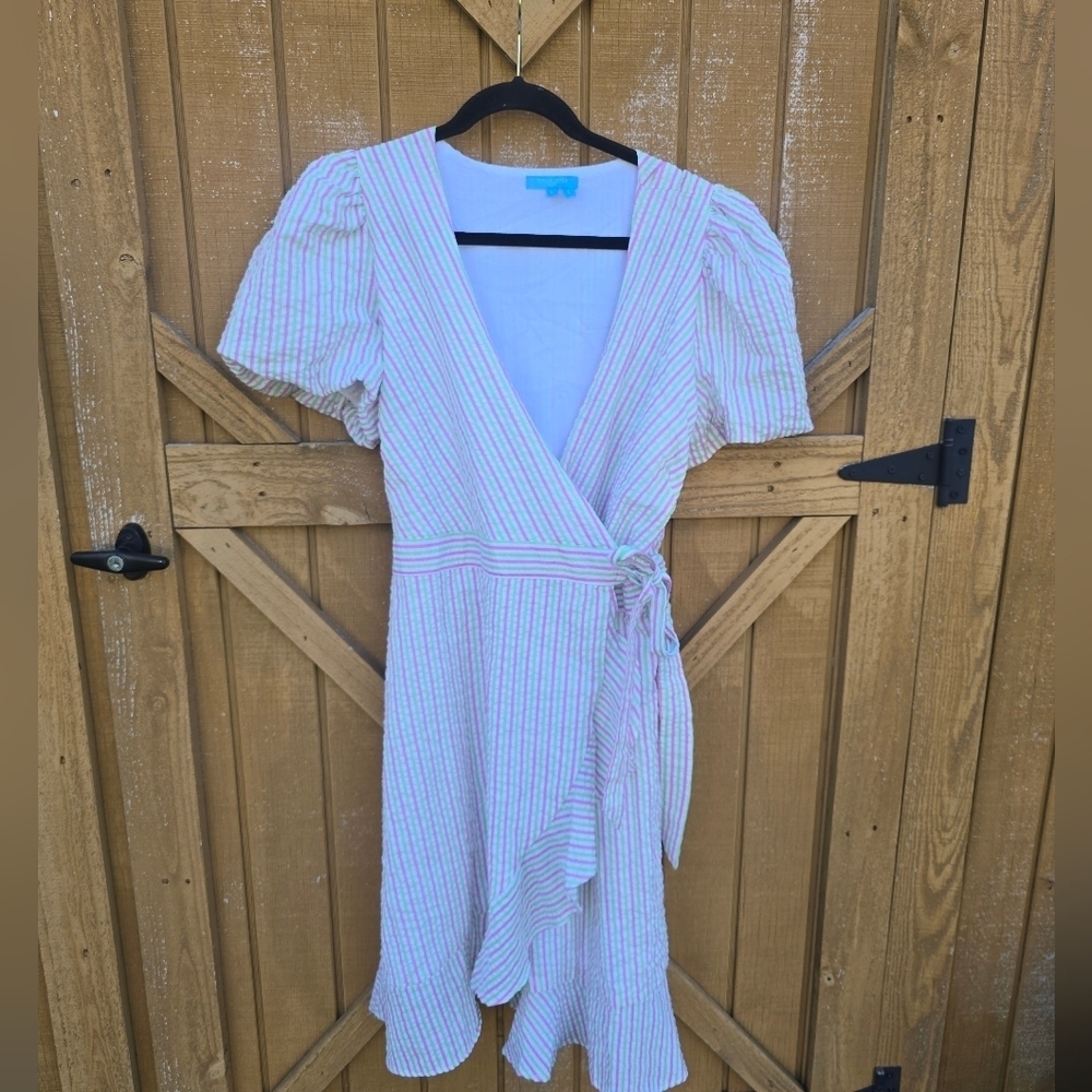 DRAPER JAMES Dress Puff Sleeve Wrap Ruffled Seersucker Striped